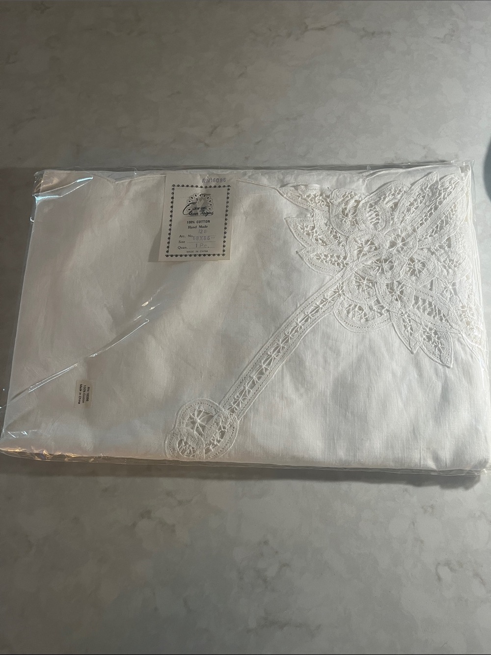 NEW old stock Cut Work Tablecloth with Lace and linen hand made 68” x 86”